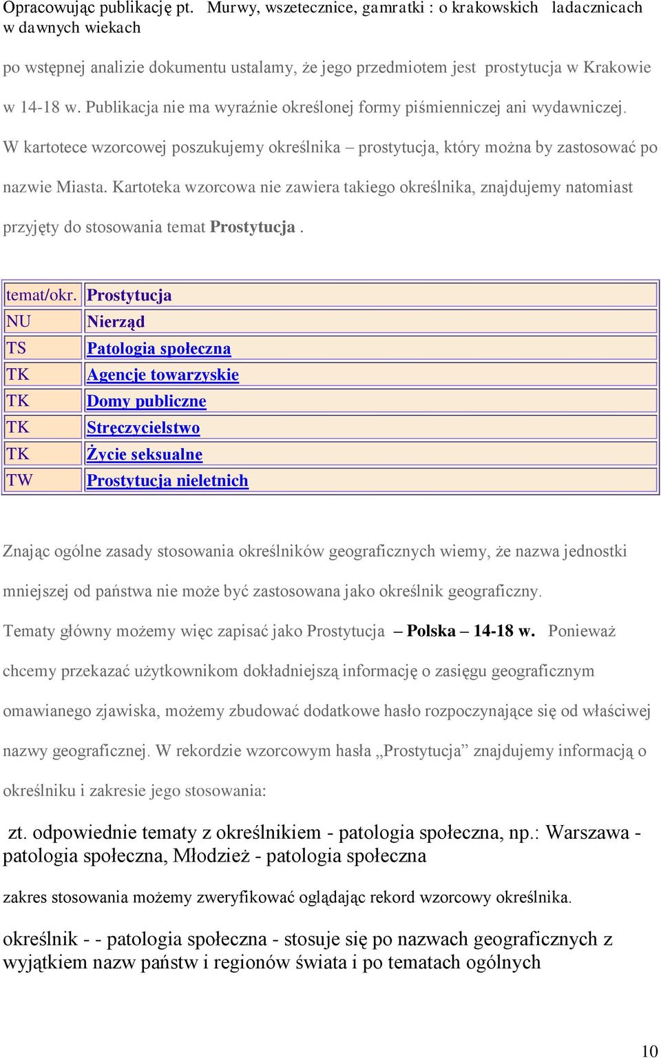 Publikacja nie ma wyraźnie określonej formy piśmienniczej ani wydawniczej. W kartotece wzorcowej poszukujemy określnika prostytucja, który można by zastosować po nazwie Miasta.