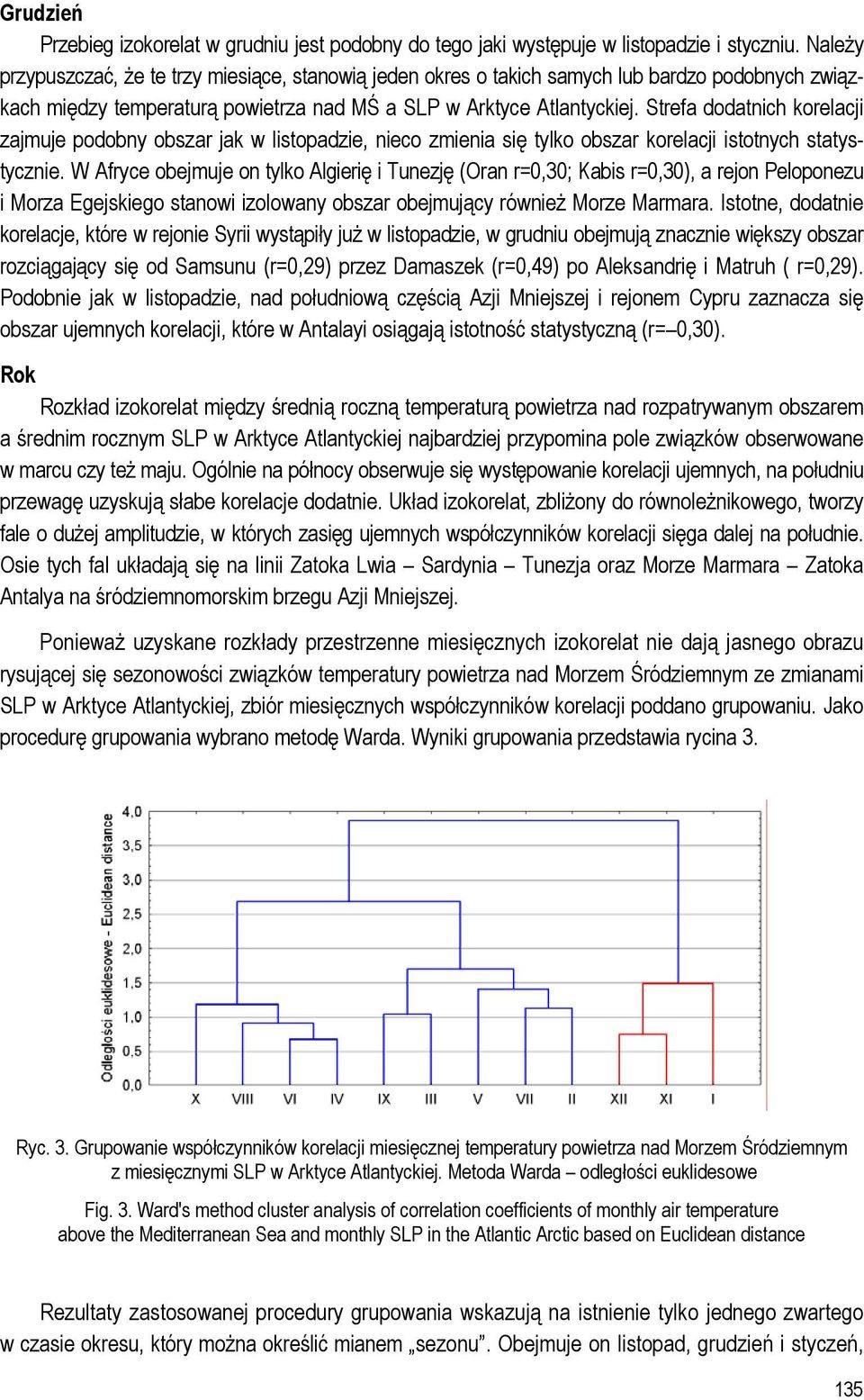Strefa dodatnich korelacji zajmuje podobny obszar jak w listopadzie, nieco zmienia się tylko obszar korelacji istotnych statystycznie.