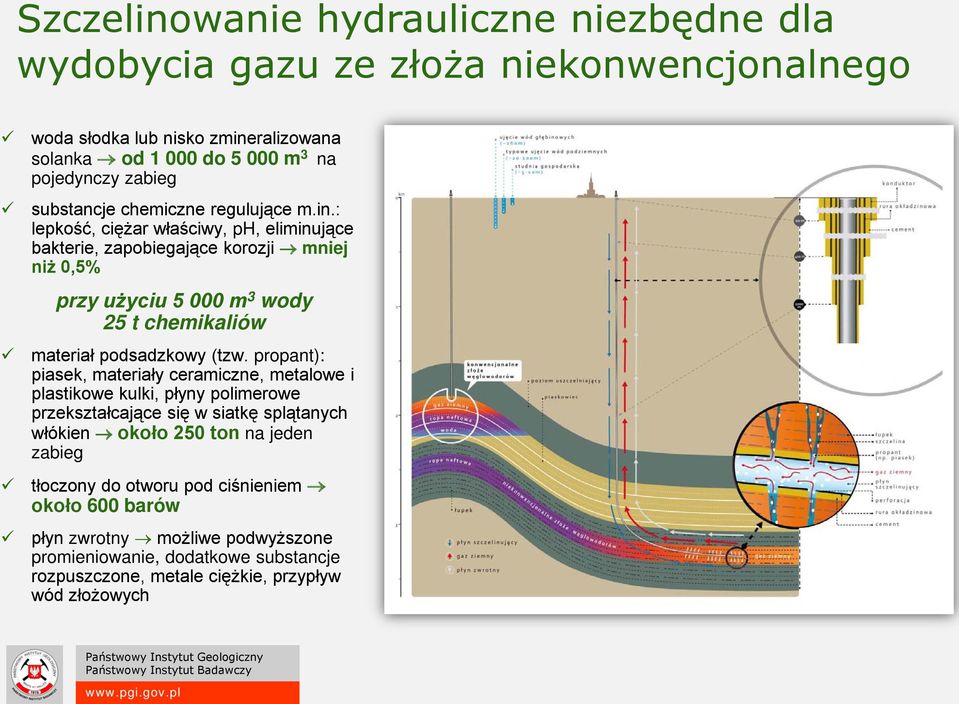 : lepkość, ciężar właściwy, ph, eliminujące bakterie, zapobiegające korozji mniej niż 0,5% przy użyciu 5 000 m 3 wody 25 t chemikaliów materiał podsadzkowy (tzw.