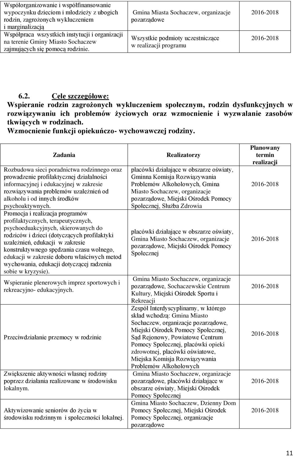 Cele szczegółowe: Wspieranie rodzin zagrożonych wykluczeniem społecznym, rodzin dysfunkcyjnych w rozwiązywaniu ich problemów życiowych oraz wzmocnienie i wyzwalanie zasobów tkwiących w rodzinach.