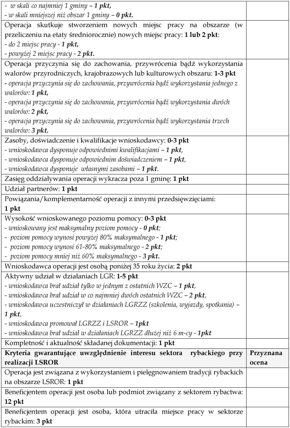 Operacja przyczynia się do zachowania, przywrócenia bądź wykorzystania walorów przyrodniczych, krajobrazowych lub kulturowych obszaru: 1-3 pkt - operacja przyczynia się do zachowania, przywrócenia