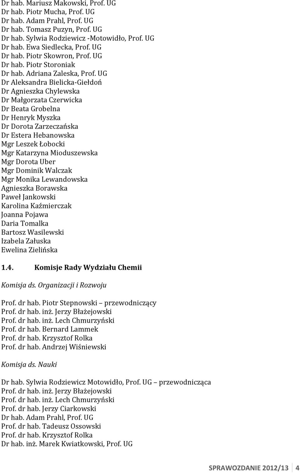 UG Dr Aleksandra Bielicka- Giełdoń Dr Agnieszka Chylewska Dr Małgorzata Czerwicka Dr Beata Grobelna Dr Henryk Myszka Dr Dorota Zarzeczańska Dr Estera Hebanowska Mgr Leszek Łobocki Mgr Katarzyna