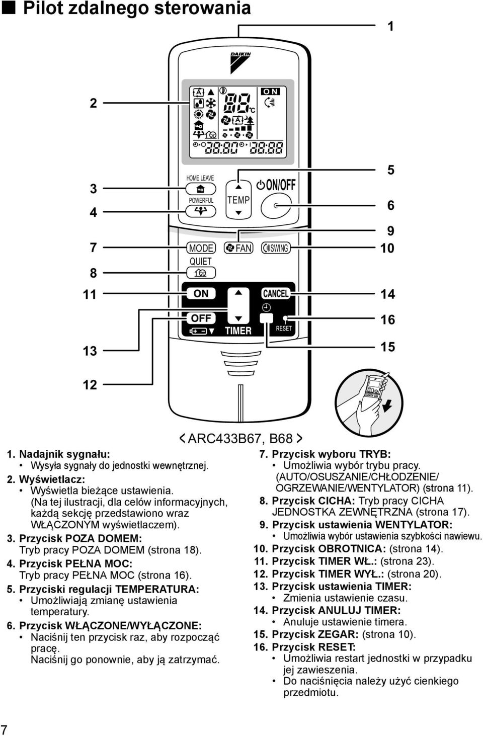 Przycisk PEŁNA MOC: Tryb pracy PEŁNA MOC (strona 16). 5. Przyciski regulacji TEMPERATURA: Umożliwiają zmianę ustawienia temperatury. 6.