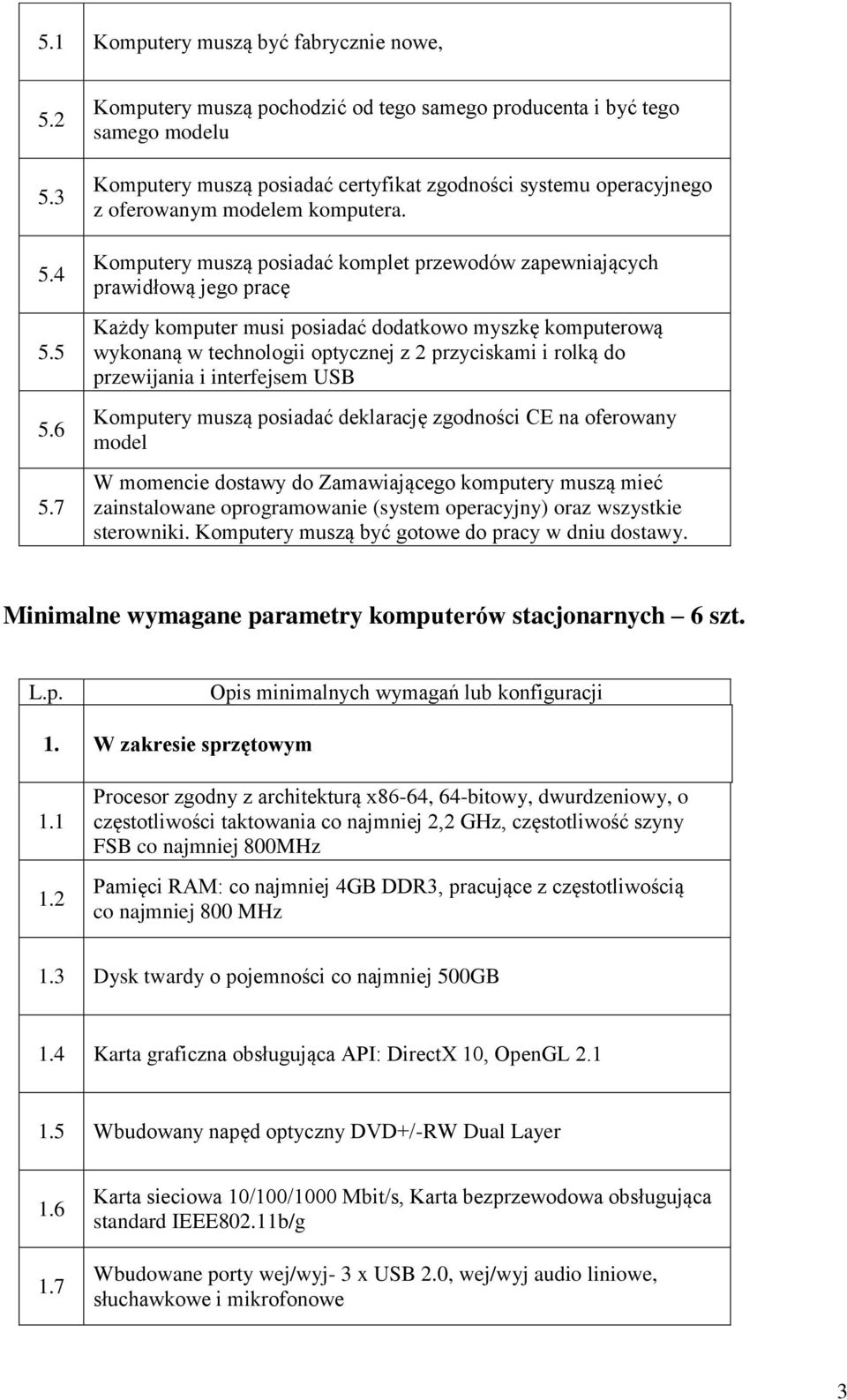 Komputery muszą posiadać komplet przewodów zapewniających prawidłową jego pracę Każdy komputer musi posiadać dodatkowo myszkę komputerową wykonaną w technologii optycznej z 2 przyciskami i rolką do