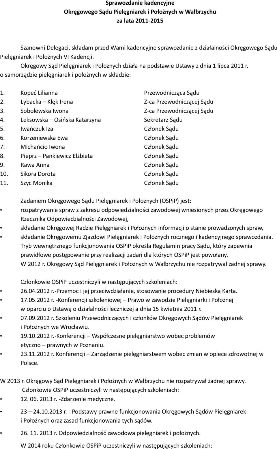 Kopeć Lilianna Przewodnicząca Sądu 2. Łybacka Klęk Irena Z-ca Przewodniczącej Sądu 3. Sobolewska Iwona Z-ca Przewodniczącej Sądu 4. Leksowska Osińska Katarzyna Sekretarz Sądu 5.