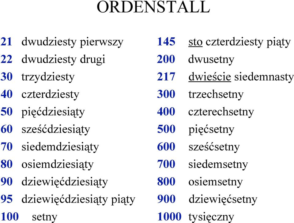 czterechsetny 60 sześćdziesiąty 500 pięćsetny 70 siedemdziesiąty 600 sześćsetny 80 osiemdziesiąty 700