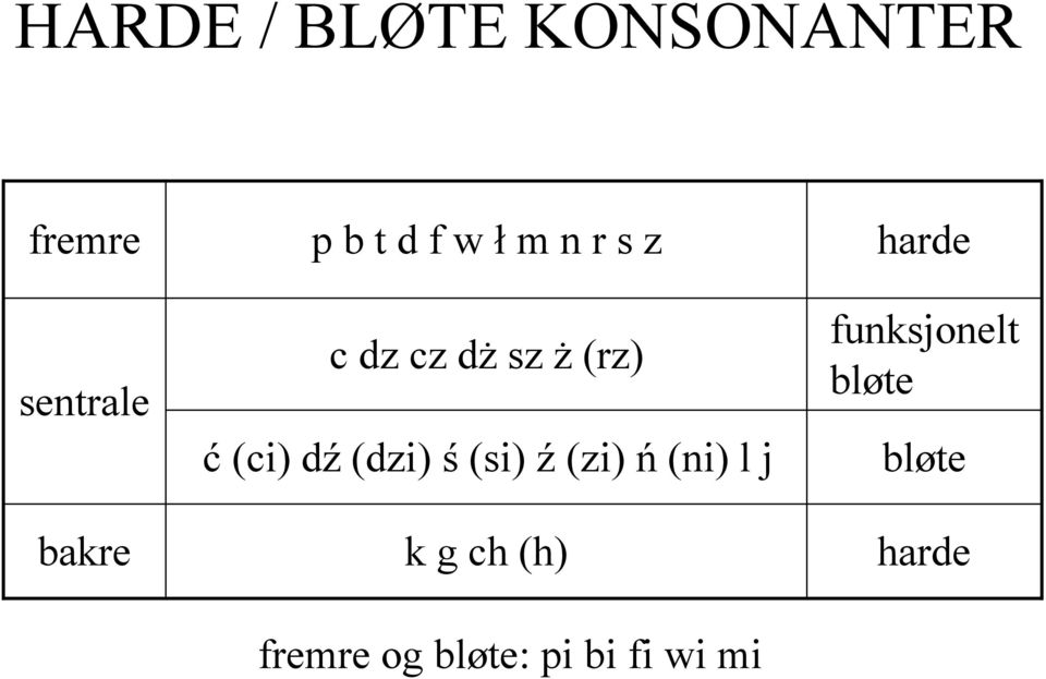 (dzi) ś (si) ź (zi) ń (ni) l j k g ch (h) fremre og