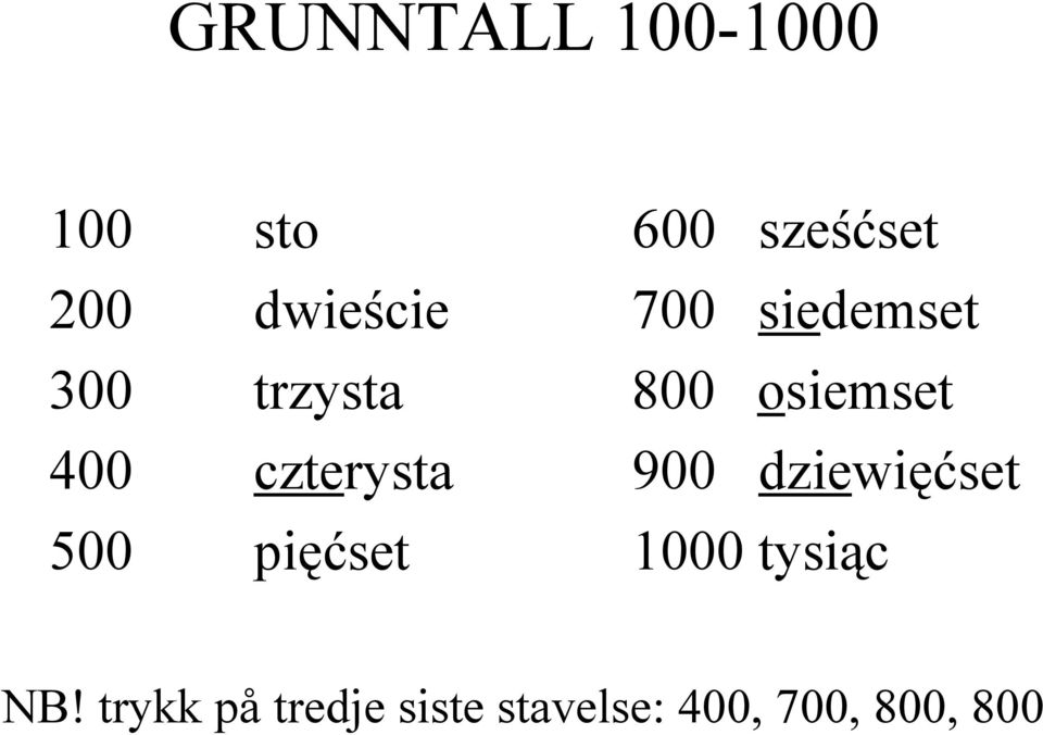 400 czterysta 900 dziewięćset 500 pięćset 1000