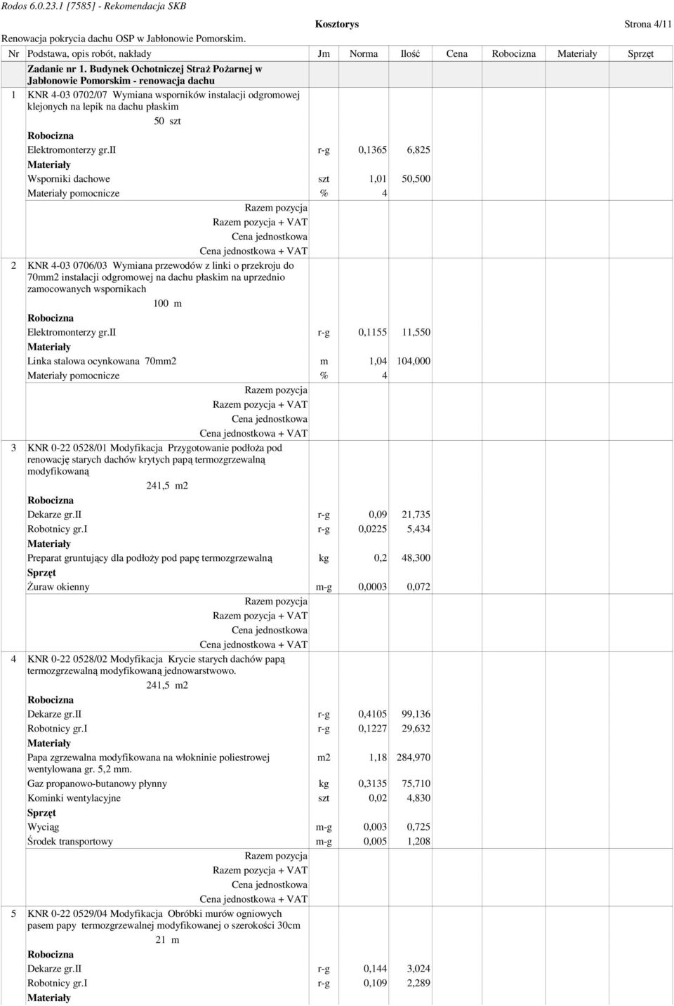 ii r-g 0,1365 6,825 Wsporniki dachowe szt 1,01 50,500 pomocnicze % 4 + VAT 2 KNR 4-03 0706/03 Wymiana przewodów z linki o przekroju do 70mm2 instalacji odgromowej na dachu płaskim na uprzednio