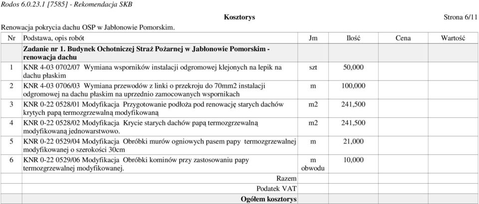 przewodów z linki o przekroju do 70mm2 instalacji odgromowej na dachu płaskim na uprzednio zamocowanych wspornikach 3 KNR 0-22 0528/01 Modyfikacja Przygotowanie podłoża pod renowację starych dachów