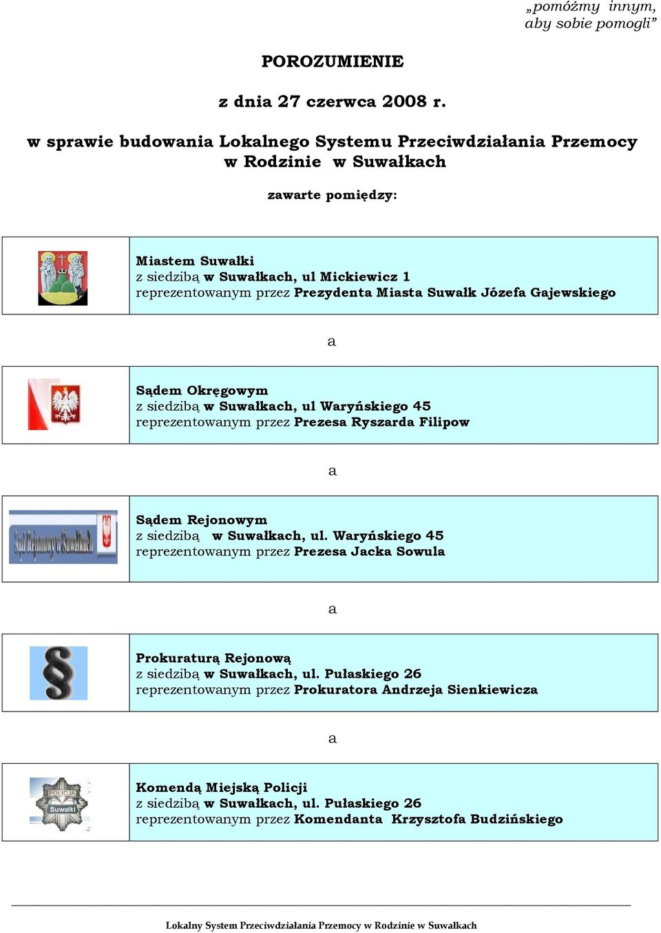 Prezydent Mist Suwłk Józef Gjewskiego Sądem Okręgowym z siedzibą w Suwłkch, ul Wryńskiego 45 reprezentownym przez Prezes Ryszrd Filipow Sądem Rejonowym z siedzibą w