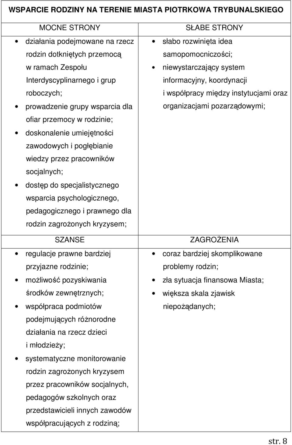 pedagogicznego i prawnego dla rodzin zagrożonych kryzysem; SZANSE regulacje prawne bardziej przyjazne rodzinie; możliwość pozyskiwania środków zewnętrznych; współpraca podmiotów podejmujących