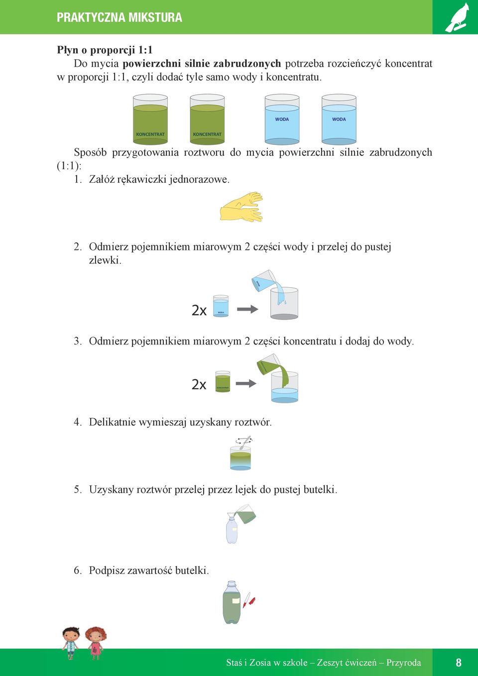 Odmierz pojemnikiem miarowym 2 części wody i przelej do pustej zlewki. 2x 3. Odmierz pojemnikiem miarowym 2 części koncentratu i dodaj do wody. 2x 4.