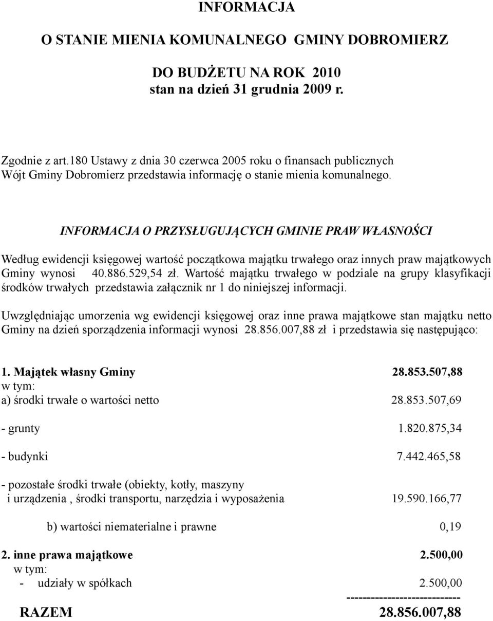 INFORMACJA O PRZYSŁUGUJĄCYCH GMINIE PRAW WŁASNOŚCI Według ewidencji księgowej wartość początkowa majątku trwałego oraz innych praw majątkowych Gminy wynosi 40.886.529,54 zł.