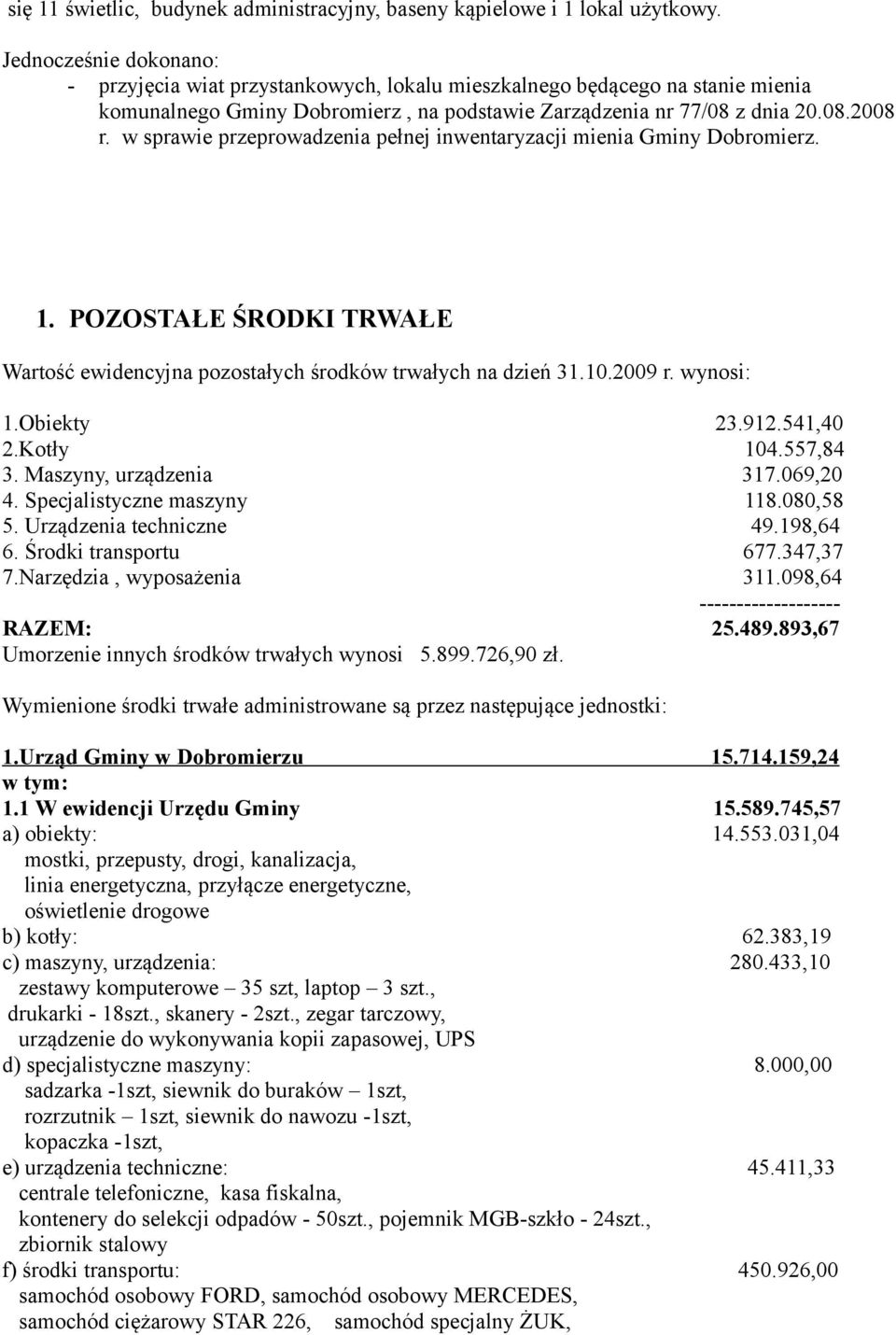 w sprawie przeprowadzenia pełnej inwentaryzacji mienia Gminy Dobromierz. 1. POZOSTAŁE ŚRODKI TRWAŁE Wartość ewidencyjna pozostałych środków trwałych na dzień 31.10.2009 r. wynosi: 1.Obiekty 23.912.