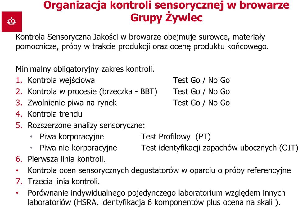 Rozszerzone analizy sensoryczne: Piwa korporacyjne Test Profilowy (PT) Piwa nie-korporacyjne Test identyfikacji zapachów ubocznych (OIT) 6. Pierwsza linia kontroli.