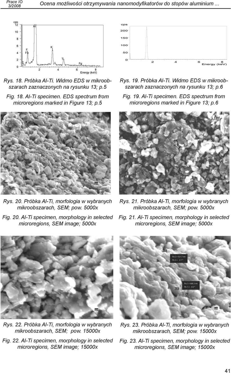 Widmo EDS w mikroobszarach zaznaczonych na rysunku 13; p.6 Fig. 19. Al-Ti specimen. EDS spectrum from microregions marked in Figure 13; p.6 Rys. 20.