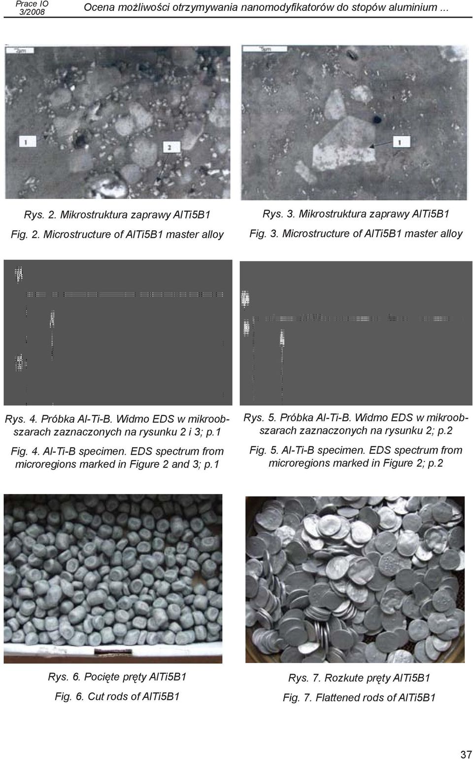 EDS spectrum from microregions marked in Figure 2 and 3; p.1 Rys. 5. Próbka Al-Ti-B. Widmo EDS w mikroobszarach zaznaczonych na rysunku 2; p.2 Fig. 5. Al-Ti-B specimen.