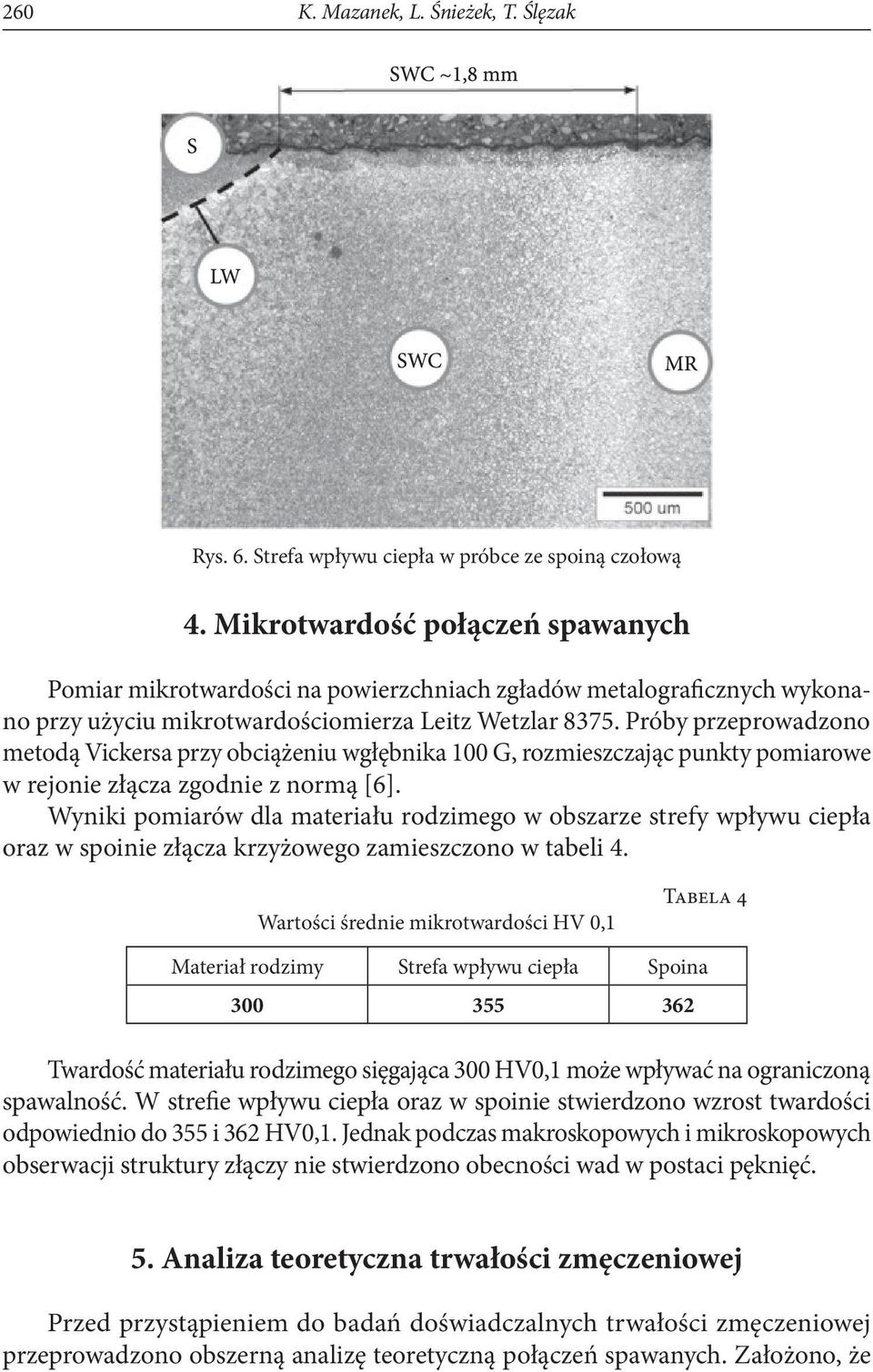Próby przeprowadzono metodą Vickersa przy obciążeniu wgłębnika 100 G, rozmieszczając punkty pomiarowe w rejonie złącza zgodnie z normą [6].