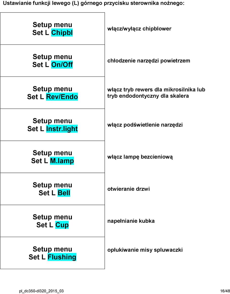 Setup menu Set L Instr.light włącz podświetlenie narzędzi Setup menu Set L M.