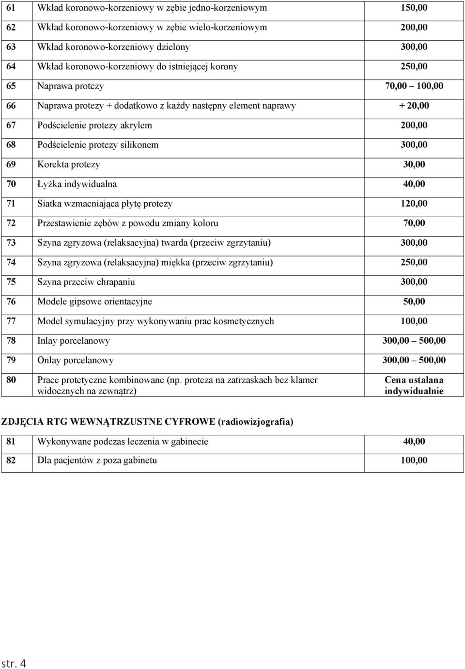 silikonem 300,00 69 Korekta protezy 30,00 70 Łyżka indywidualna 40,00 71 Siatka wzmacniająca płytę protezy 120,00 72 Przestawienie zębów z powodu zmiany koloru 70,00 73 Szyna zgryzowa (relaksacyjna)