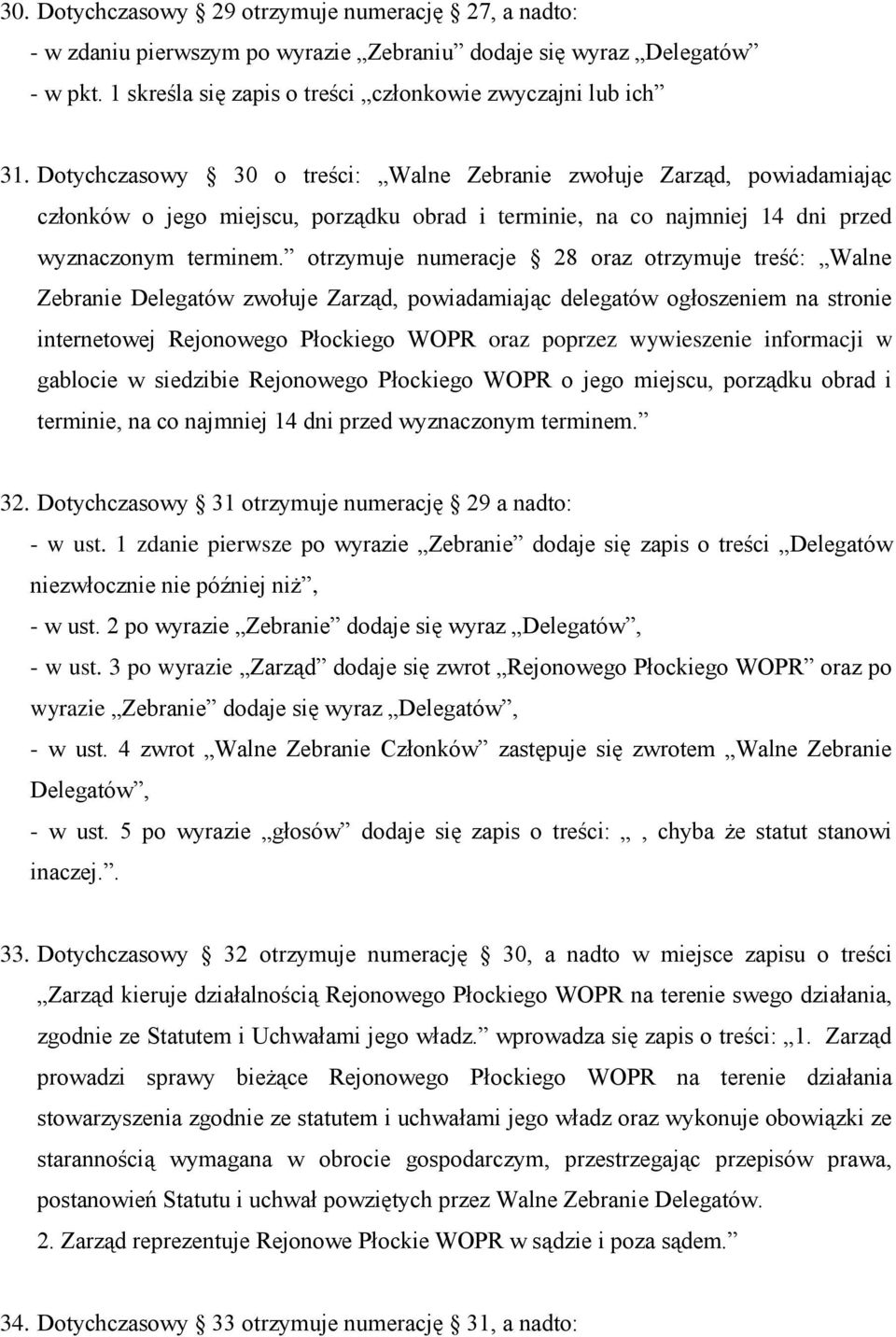 otrzymuje numeracje 28 oraz otrzymuje treść: Walne Zebranie Delegatów zwołuje Zarząd, powiadamiając delegatów ogłoszeniem na stronie internetowej Rejonowego Płockiego WOPR oraz poprzez wywieszenie