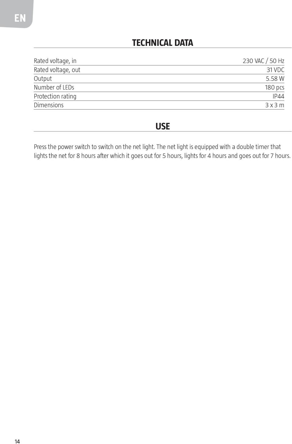 58 W 180 pcs IP44 3 x 3 m USE Press the power switch to switch on the net light.