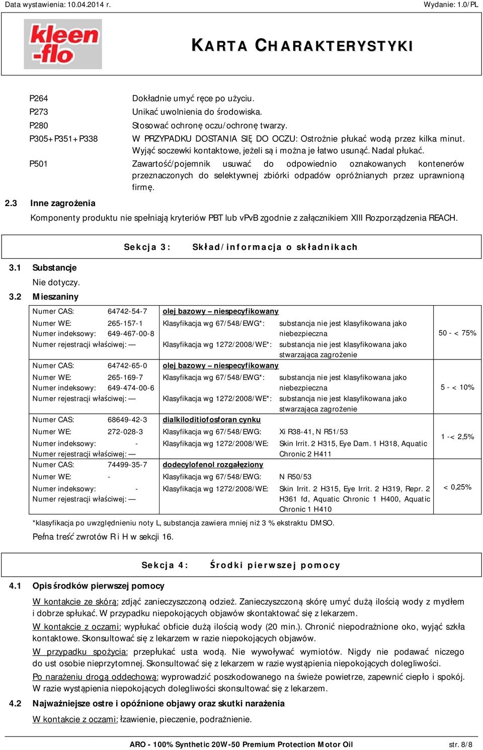 P501 Zawarto /pojemnik usuwa do odpowiednio oznakowanych kontenerów przeznaczonych do selektywnej zbiórki odpadów opró nianych przez uprawnion firm. 2.