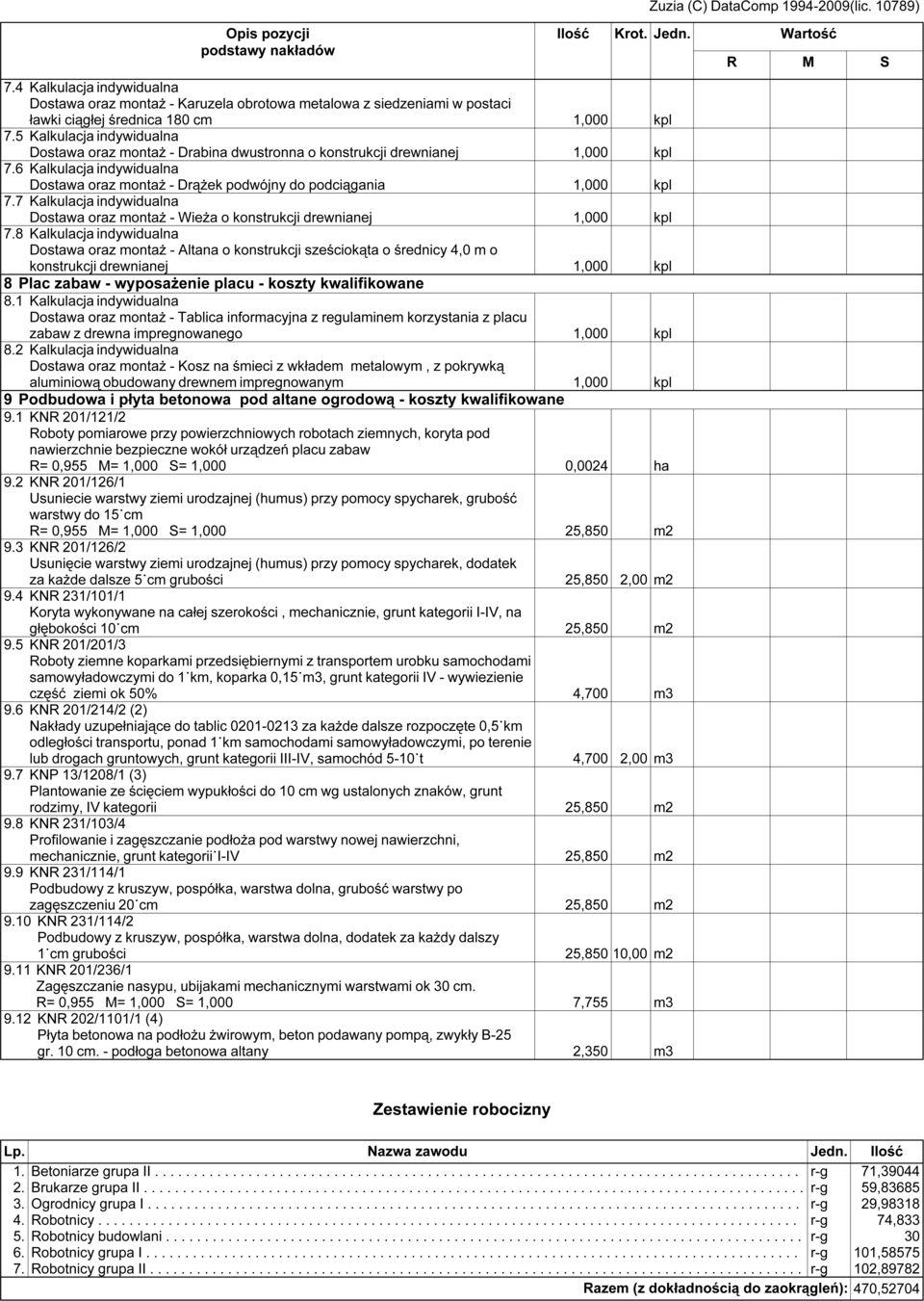 7 Kalkulacja indywidualna Dostawa oraz montaż - Wieża o konstrukcji drewnianej 1,000 kpl 7.