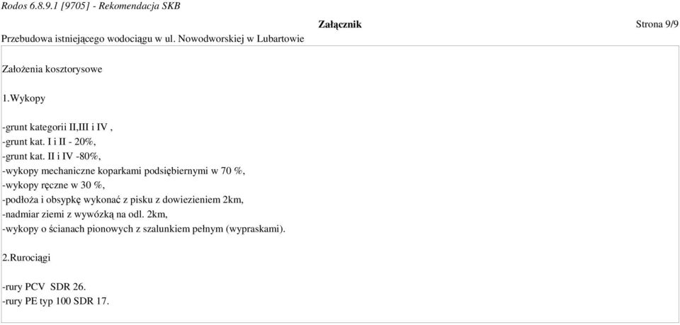 II i IV -80%, -wykopy mechaniczne koparkami podsiębiernymi w 70 %, -wykopy ręczne w 30 %, -podłoża i