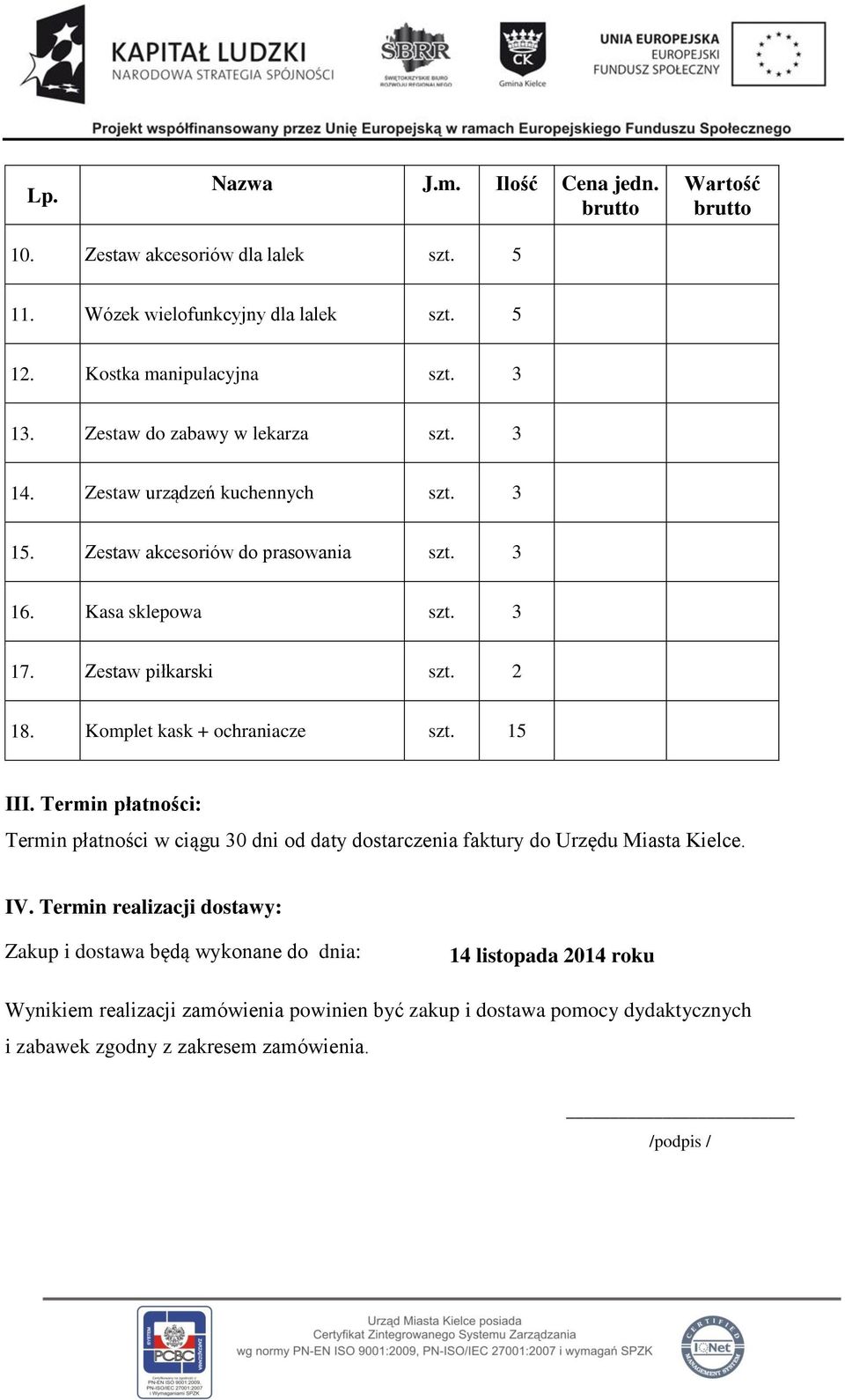 Komplet kask + ochraniacze szt. 15 III. Termin płatności: Termin płatności w ciągu 30 dni od daty dostarczenia faktury do Urzędu Miasta Kielce. IV.