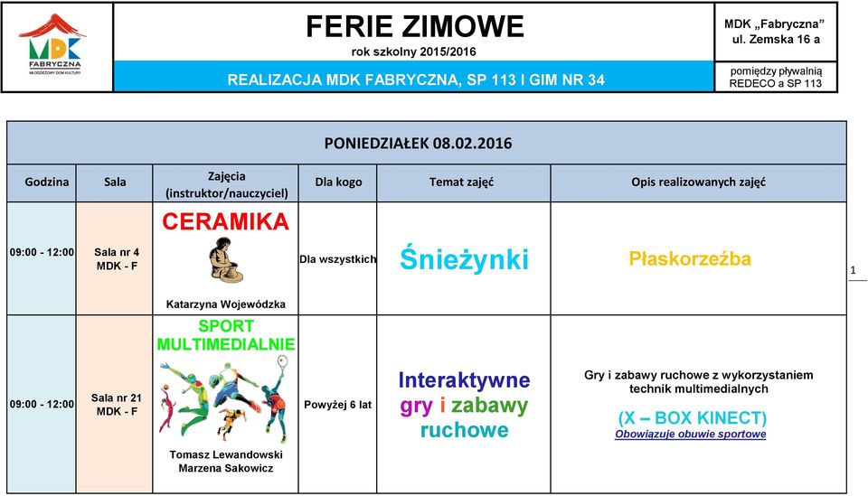 2016 Godzina (instruktor/nauczyciel) Dla kogo Temat zajęć Opis realizowanych zajęć 09:00-12:00 nr 4 Dla wszystkich Śnieżynki Płaskorzeźba