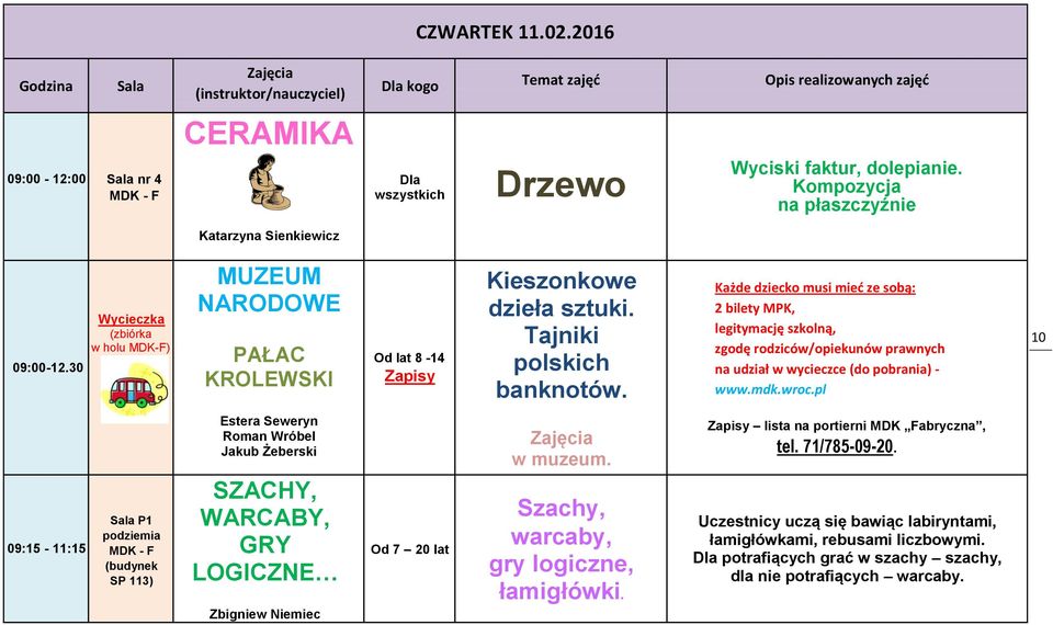 Każde dziecko musi mieć ze sobą: 2 bilety MPK, legitymację szkolną, zgodę rodziców/opiekunów prawnych na udział w wycieczce (do pobrania) - www.mdk.wroc.