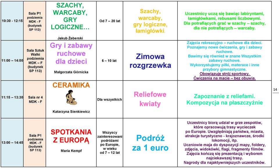 11:00 14:00 Sztuk Walki MDK F 11:15 13:30 nr 4 Jakub Żeberski Gry i zabawy ruchowe dla dzieci Małgorzata Górnicka 6 10 lat Zimowa rozgrzewka Dla wszystkich Reliefowe kwiaty rekreacyjno ruchowe dla