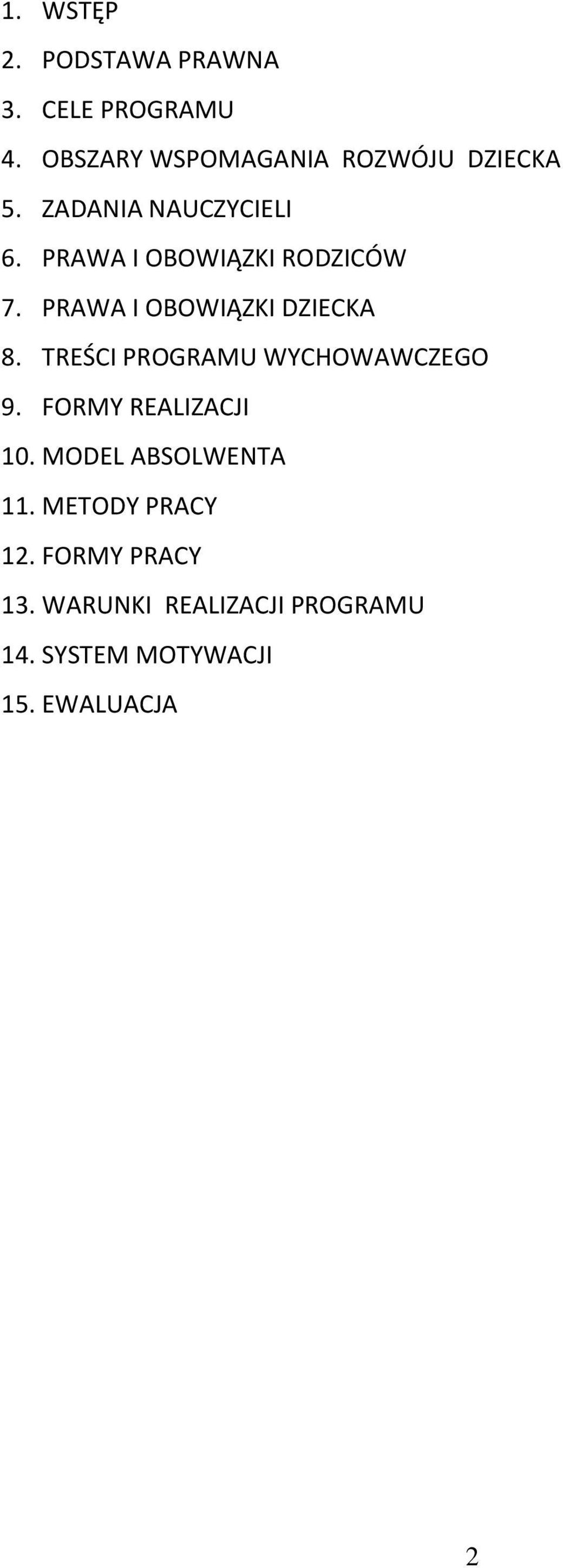 TREŚCI PROGRAMU WYCHOWAWCZEGO 9. FORMY REALIZACJI 10. MODEL ABSOLWENTA 11.