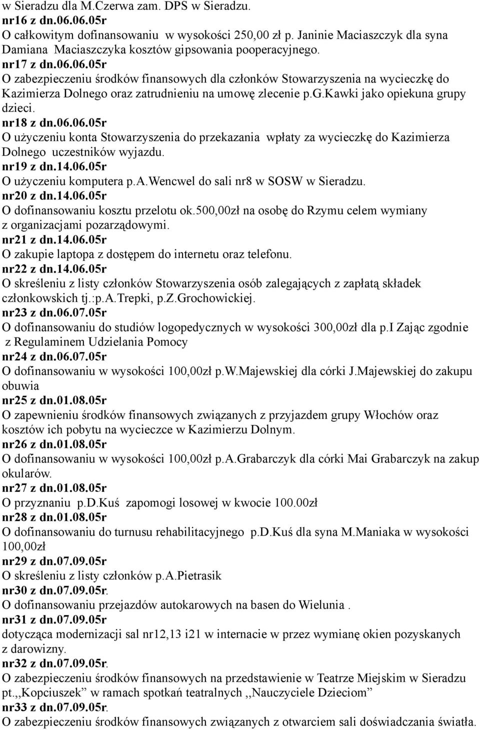 06.05r O zabezpieczeniu środków finansowych dla członków Stowarzyszenia na wycieczkę do Kazimierza Dolnego oraz zatrudnieniu na umowę zlecenie p.g.kawki jako opiekuna grupy dzieci. nr18 z dn.06.06.05r O użyczeniu konta Stowarzyszenia do przekazania wpłaty za wycieczkę do Kazimierza Dolnego uczestników wyjazdu.