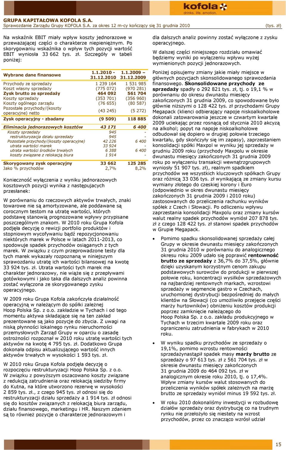 2010 Konieczność wyłączenia z wyniku jednorazowych kosztowych pozycji wynika z następujacych przesłanek: W porównaniu do rzeczowych aktywów trwałych, znaki towarowe nie są amortyzowane, ale poddawane