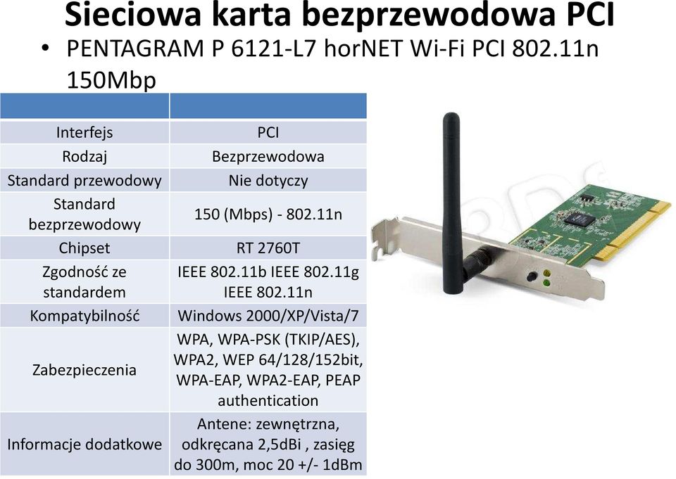 Zabezpieczenia Informacje dodatkowe PCI Bezprzewodowa Nie dotyczy 150 (Mbps) -802.11n RT 2760T IEEE 802.11b IEEE 802.
