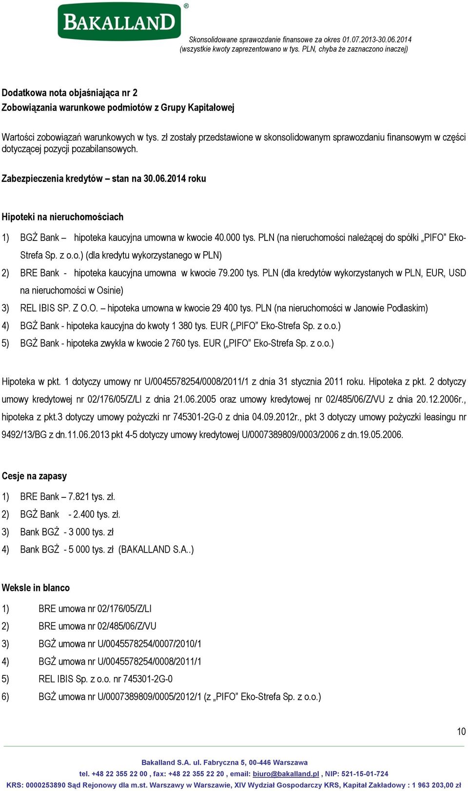 2014 roku Hipoteki na nieruchomościach 1) BGŻ Bank hipoteka kaucyjna umowna w kwocie 40.000 tys. PLN (na nieruchomości należącej do spółki PIFO Eko- Strefa Sp. z o.o.) (dla kredytu wykorzystanego w PLN) 2) BRE Bank - hipoteka kaucyjna umowna w kwocie 79.