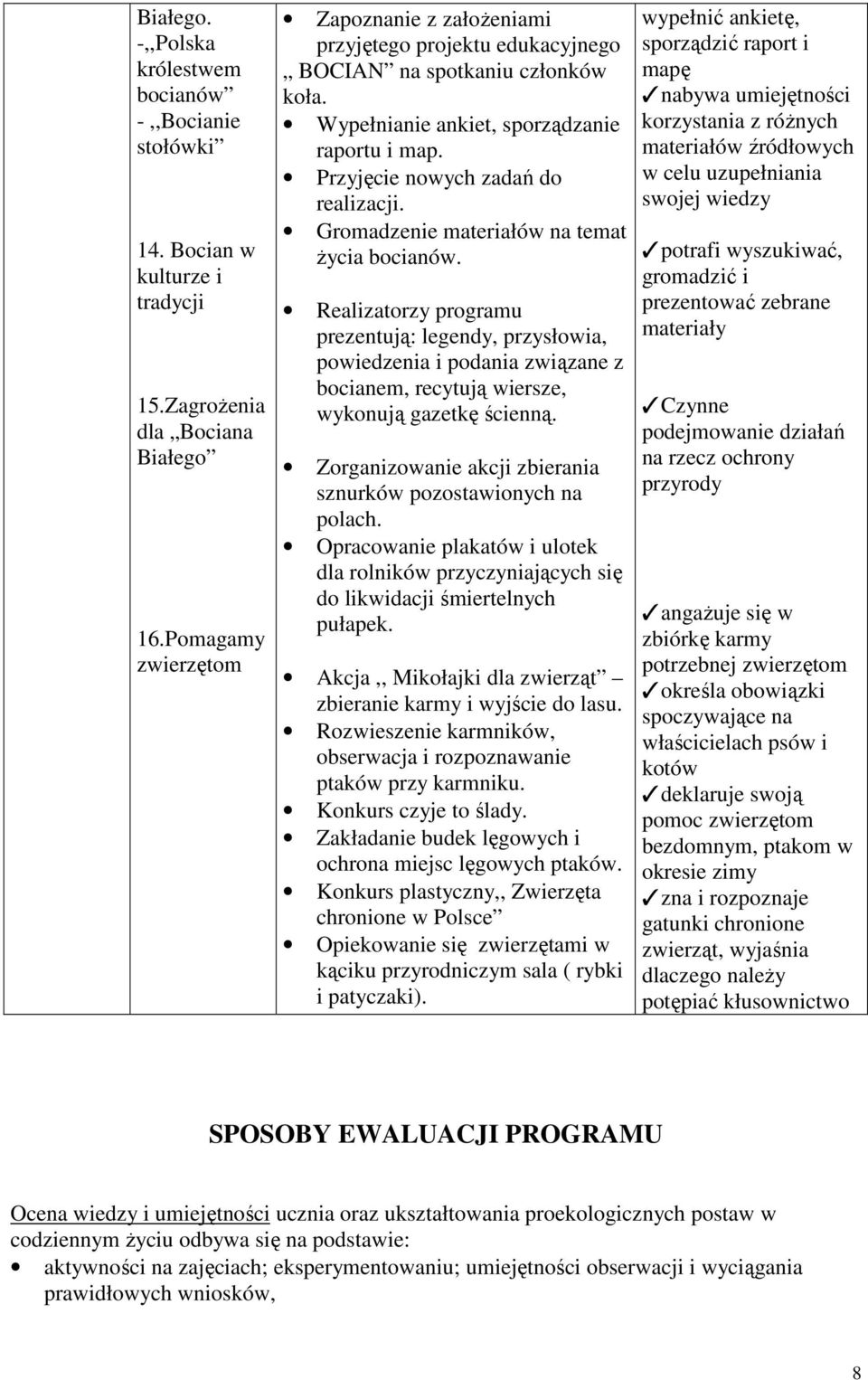 Gromadzenie materiałów na temat Ŝycia bocianów. Realizatorzy programu prezentują: legendy, przysłowia, powiedzenia i podania związane z bocianem, recytują wiersze, wykonują gazetkę ścienną.