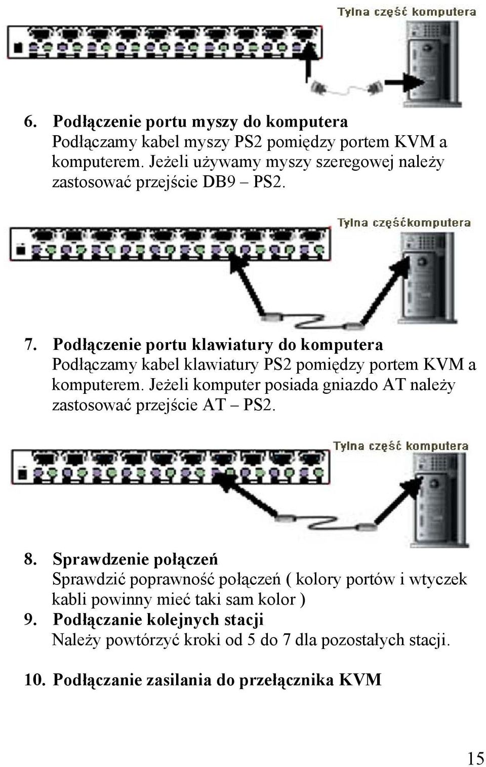 Podłączenie portu klawiatury do komputera Podłączamy kabel klawiatury PS2 pomiędzy portem KVM a komputerem.