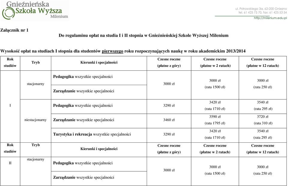 stacjonarny 3000 zł 3000 zł (rata 1500 zł) 3000 zł (rata 250 zł) I 3460 zł 3590 zł (rata 1795 zł) 3720 zł (rata 310 zł)