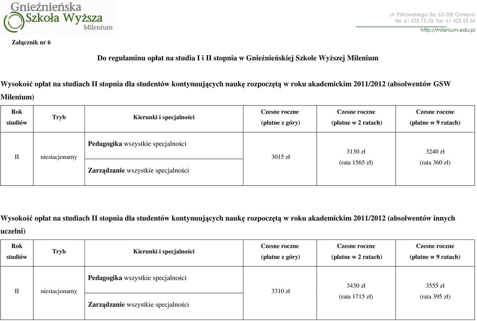 3015 zł 3130 zł (rata 1565 zł) 3240 zł (rata 360 zł) Wysokość opłat na studiach II stopnia dla studentów kontynuujących naukę