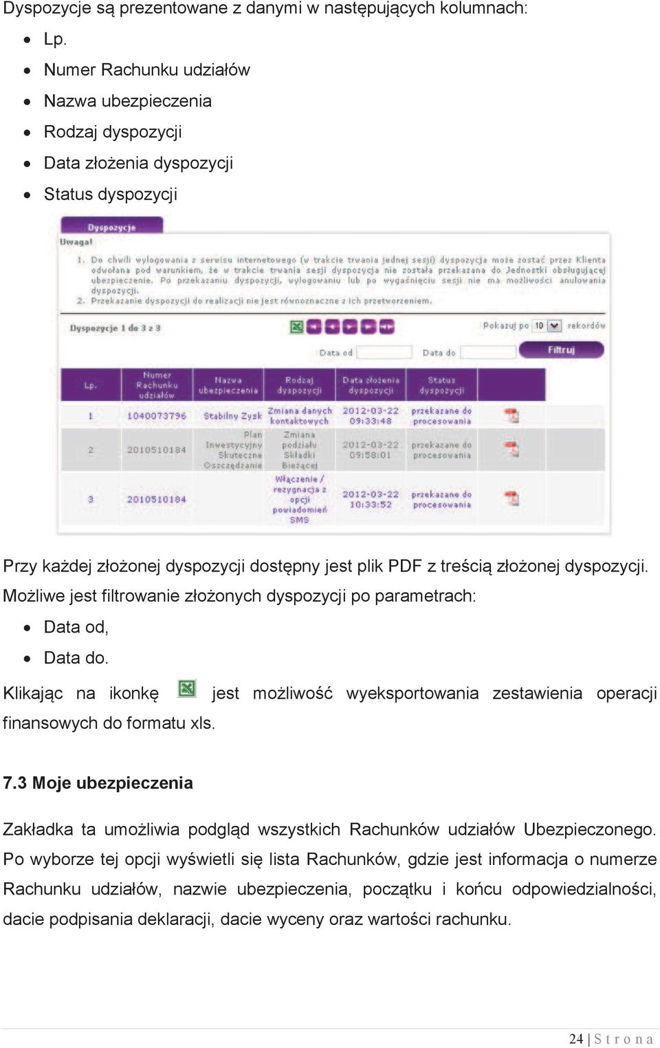 Możliwe jest filtrowanie złożonych dyspozycji po parametrach: Data od, Data do. Klikając na ikonkę jest możliwość wyeksportowania zestawienia operacji finansowych do formatu xls. 7.