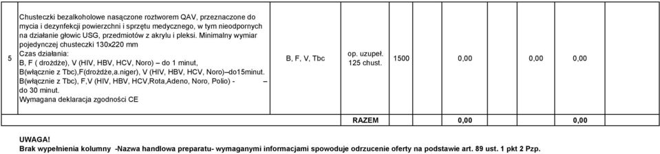 Minimalny wymiar pojedynczej chusteczki 0x0 mm Czas działania: B, F ( drożdże), V (HIV, HBV, HCV, Noro) do minut, B(włącznie z Tbc),F(drożdże,a.