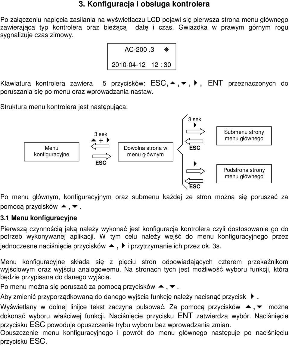 Struktura menu kontrolera jest następująca: Menu konfiguracyjne 5 przycisków: ESC,,,, ENT przeznaczonych do Po menu głównym, konfiguracyjnym oraz submenu każdej ze stron można się poruszać za pomocą