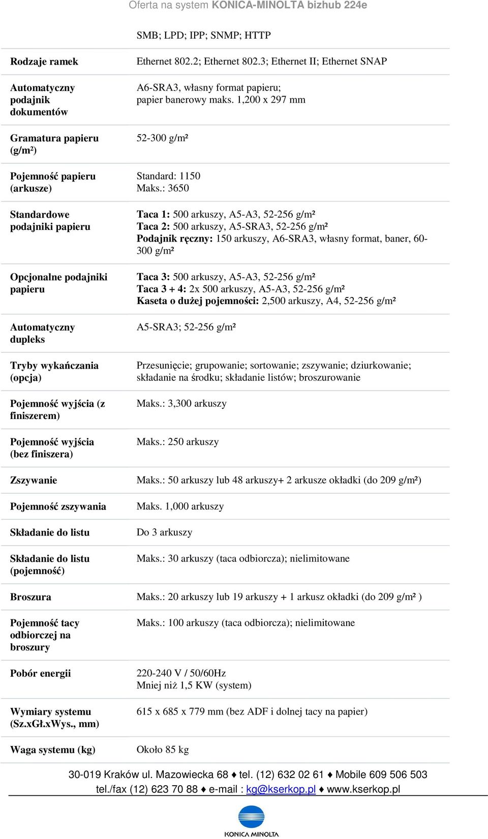 2; Ethernet 802.3; Ethernet II; Ethernet SNAP A6-SRA3, własny format papieru; papier banerowy maks. 1,200 x 297 mm 52-300 g/m² Standard: 1150 Maks.