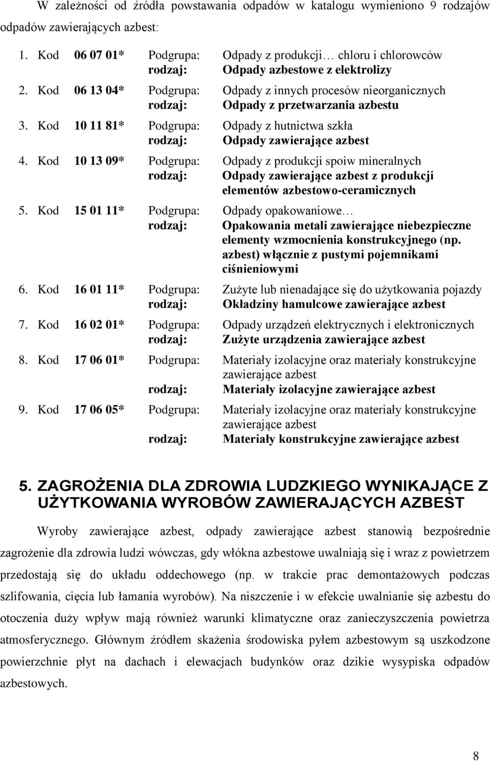 Kod 06 13 04* Podgrupa: Odpady z innych procesów nieorganicznych rodzaj: Odpady z przetwarzania azbestu 3. Kod 10 11 81* Podgrupa: Odpady z hutnictwa szkła rodzaj: Odpady zawierające azbest 4.