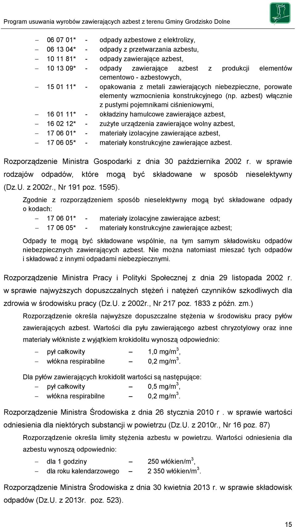 azbest) włącznie z pustymi pojemnikami ciśnieniowymi, 16 01 11* - okładziny hamulcowe zawierające azbest, 16 02 12* - zużyte urządzenia zawierające wolny azbest, 17 06 01* - materiały izolacyjne
