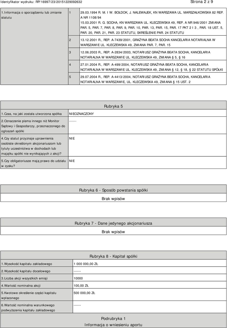 24 STATUTU 2 13.12.2001 R., REP. A-7439/2001, GRAŻYNA BEATA SOCHA KANCELARIA NOTARIALNA W WARSZAWIE UL. KLECZEWSKA 49, ZMIANA PAR. 7, PAR. 15 3 12.06.2003 R., REP. A-2834/2003, NOTARIUSZ GRAŻYNA BEATA SOCHA, KANCELARIA NOTARIALNA W WARSZAWIE UL.